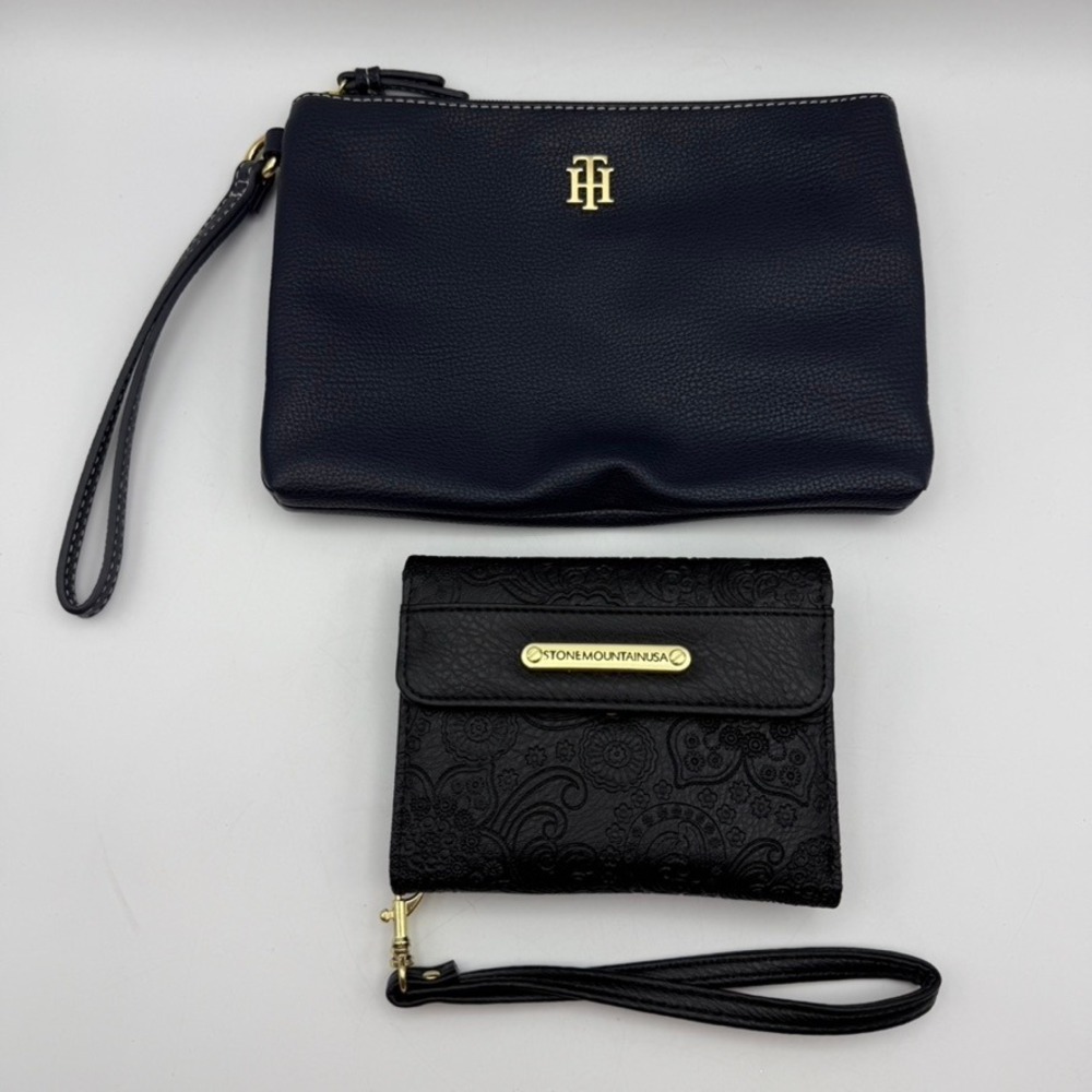 Tommy Hilfiger Stone Mountain 2Pc Set Wristlet‎ Wallet Clutch Purse Black Navy